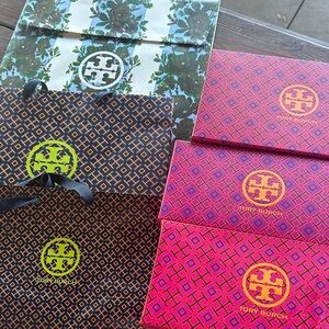 Tory Burch Patterned Gift Bags in Pink, Orange, and Green